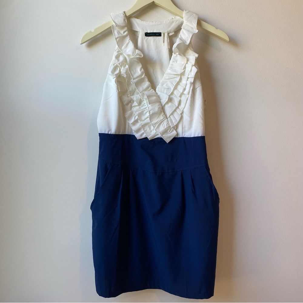 Ruffle Dress with Racer Back & Pockets - Navy & White - by Cals